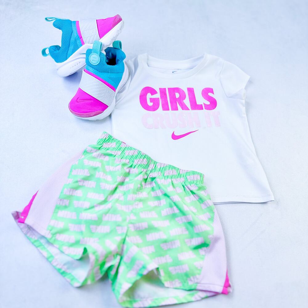 Nike Dri-FIT 2-Piece Set - Size 3T - White Tee & Green/Pink Shorts